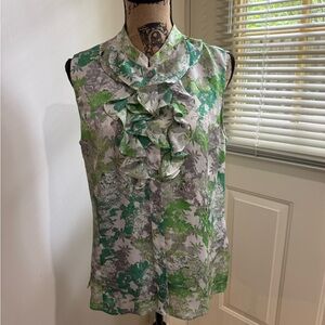 Tahari Green & Gray Ruffled Mandarin Collar sleeveless Blouse size Large